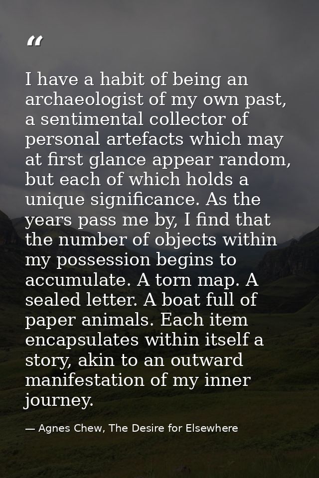I have a habit of being an archaeologist of my own past, a sentimental collector of personal artefacts which may at firs — Agnes Chew, The Desire for Elsewhere