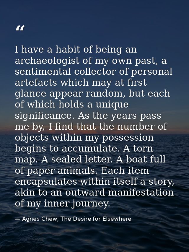 I have a habit of being an archaeologist of my own past, a sentimental collector of personal artefacts which may at firs — Agnes Chew, The Desire for Elsewhere