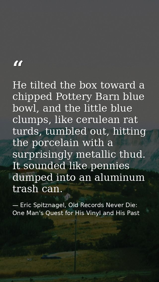 He tilted the box toward a chipped Pottery Barn blue bowl, and the little blue clumps, like cerulean rat turds, tumbled  — Eric Spitznagel, Old Records Never Die: One Man's Quest for His Vinyl and His Past