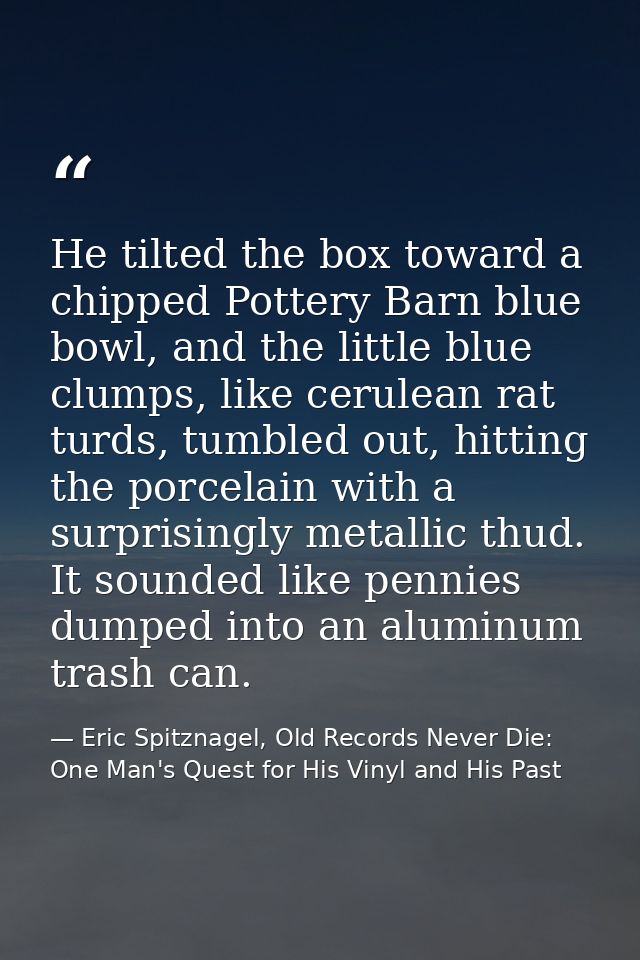 He tilted the box toward a chipped Pottery Barn blue bowl, and the little blue clumps, like cerulean rat turds, tumbled  — Eric Spitznagel, Old Records Never Die: One Man's Quest for His Vinyl and His Past