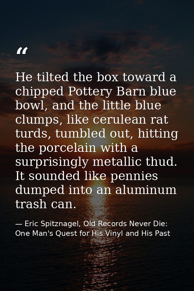 He tilted the box toward a chipped Pottery Barn blue bowl, and the little blue clumps, like cerulean rat turds, tumbled  — Eric Spitznagel, Old Records Never Die: One Man's Quest for His Vinyl and His Past