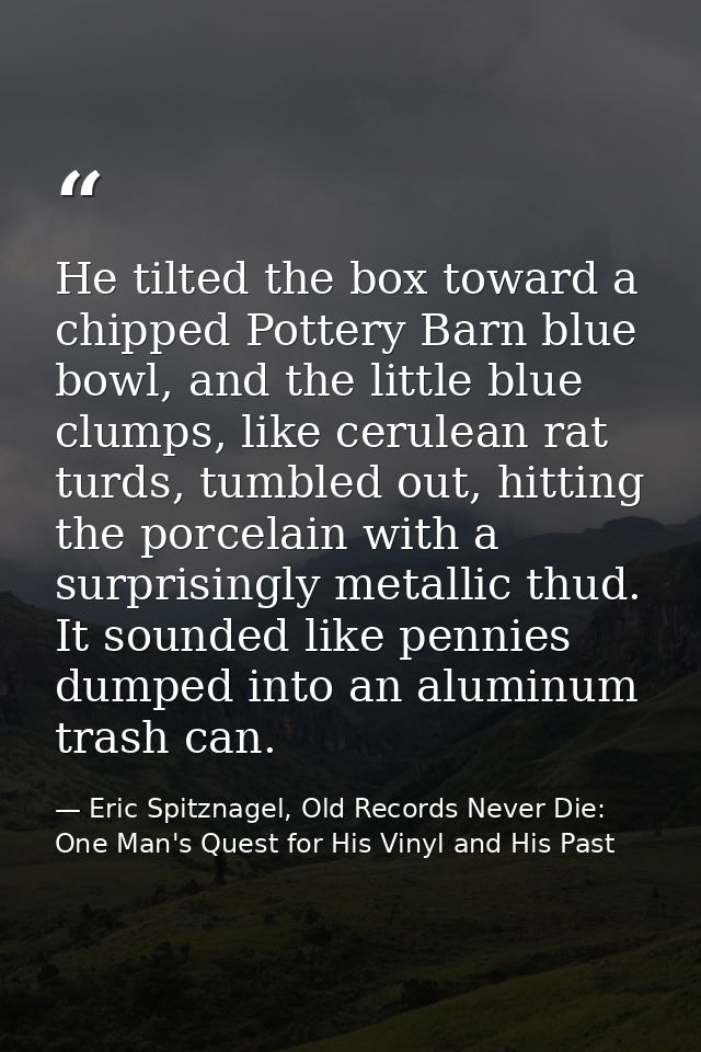 He tilted the box toward a chipped Pottery Barn blue bowl, and the little blue clumps, like cerulean rat turds, tumbled  — Eric Spitznagel, Old Records Never Die: One Man's Quest for His Vinyl and His Past
