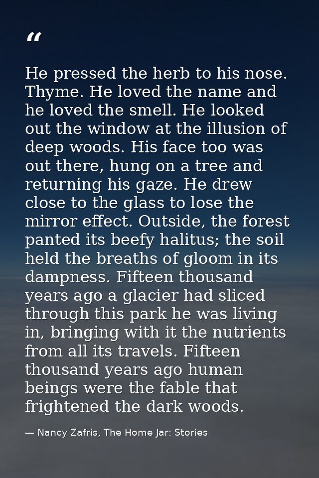 He pressed the herb to his nose. Thyme. He loved the name and he loved the smell. He looked out the window at the illusi — Nancy Zafris, The Home Jar: Stories