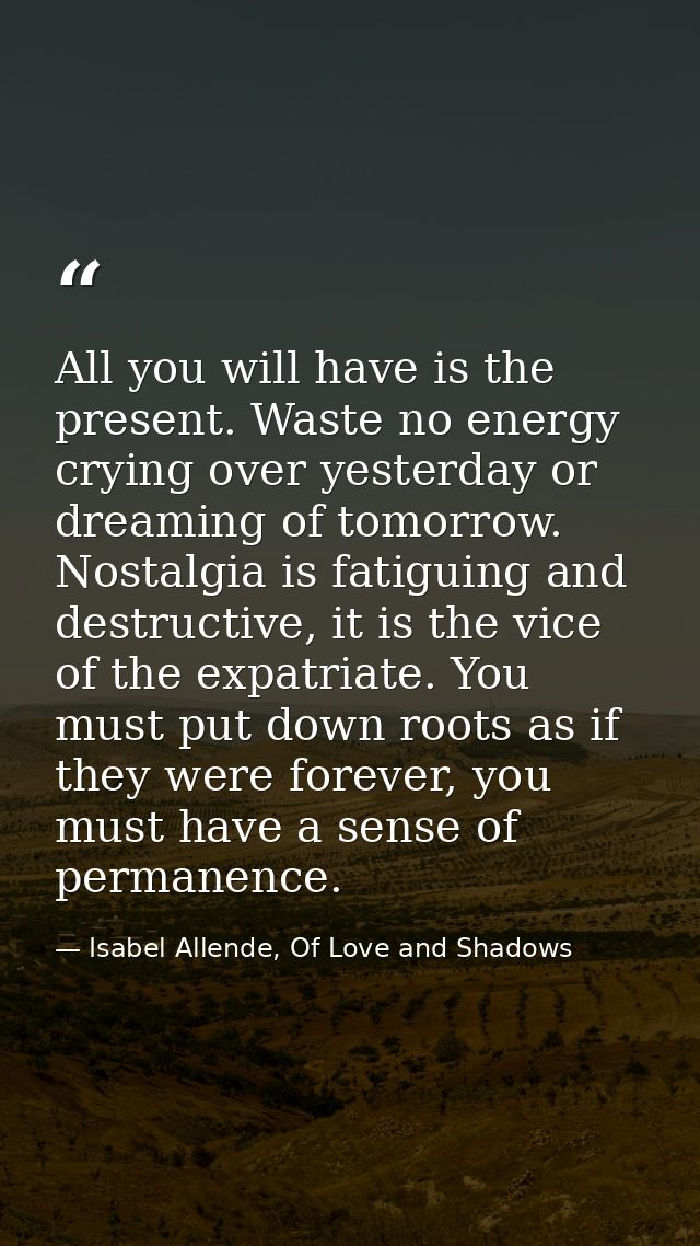 All you will have is the present. Waste no energy crying over yesterday or dreaming of tomorrow. Nostalgia is fatiguing  — Isabel Allende, Of Love and Shadows