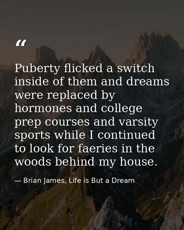 Puberty flicked a switch inside of them and dreams were replaced by hormones and college prep courses and varsity sports — Brian James, Life is But a Dream