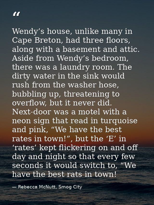 Wendy’s house, unlike many in Cape Breton, had three floors, along with a basement and attic. Aside from Wendy’s bedroom — Rebecca McNutt, Smog City