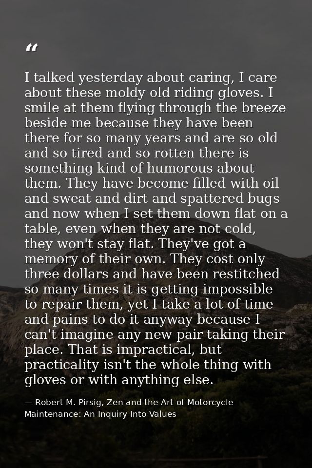 I talked yesterday about caring, I care about these moldy old riding gloves. I smile at them flying through the breeze b — Robert M. Pirsig, Zen and the Art of Motorcycle Maintenance: An Inquiry Into Values