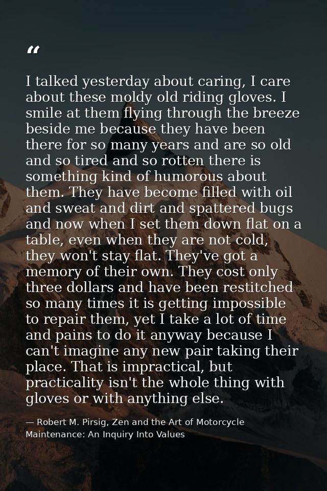 I talked yesterday about caring, I care about these moldy old riding gloves. I smile at them flying through the breeze b — Robert M. Pirsig, Zen and the Art of Motorcycle Maintenance: An Inquiry Into Values
