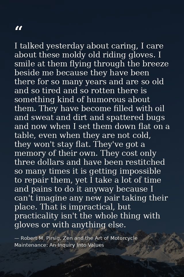 I talked yesterday about caring, I care about these moldy old riding gloves. I smile at them flying through the breeze b — Robert M. Pirsig, Zen and the Art of Motorcycle Maintenance: An Inquiry Into Values