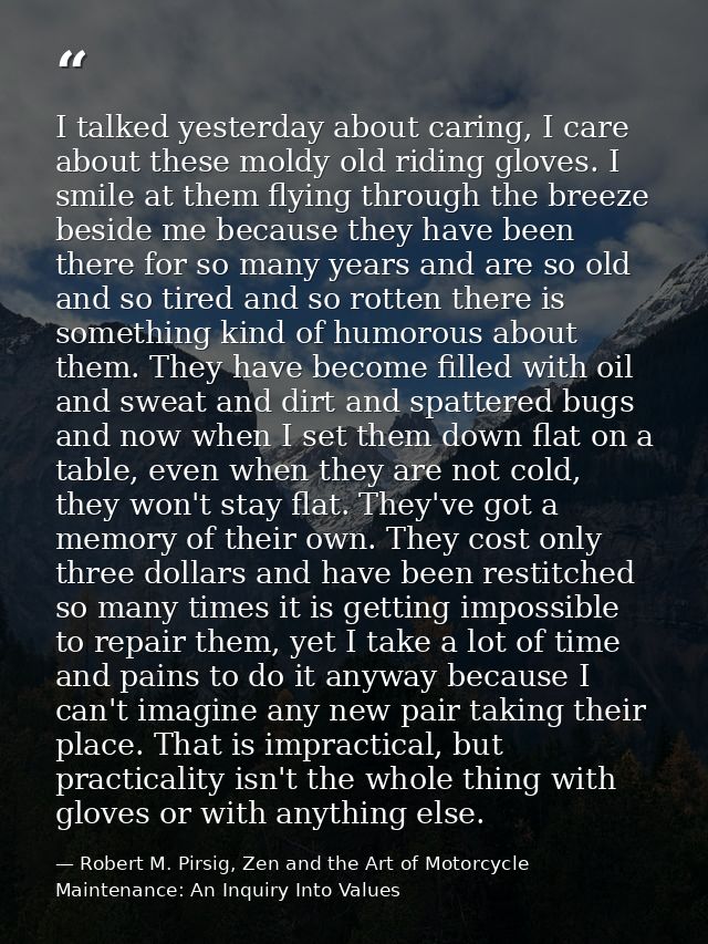 I talked yesterday about caring, I care about these moldy old riding gloves. I smile at them flying through the breeze b — Robert M. Pirsig, Zen and the Art of Motorcycle Maintenance: An Inquiry Into Values