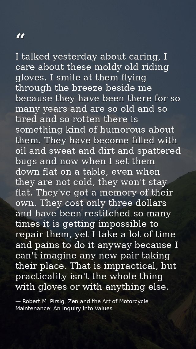 I talked yesterday about caring, I care about these moldy old riding gloves. I smile at them flying through the breeze b — Robert M. Pirsig, Zen and the Art of Motorcycle Maintenance: An Inquiry Into Values