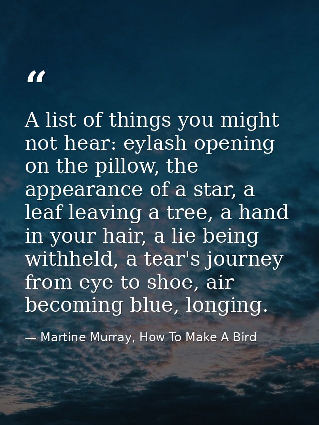 A list of things you might not hear: eylash opening on the pillow, the appearance of a star, a leaf leaving a tree, a ha — Martine Murray, How To Make A Bird