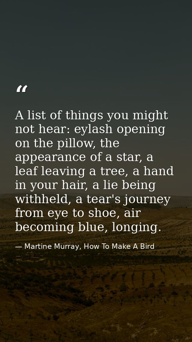 A list of things you might not hear: eylash opening on the pillow, the appearance of a star, a leaf leaving a tree, a ha — Martine Murray, How To Make A Bird