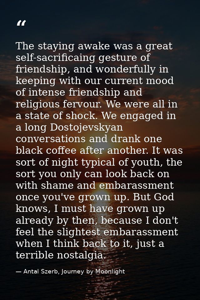 The staying awake was a great self-sacrificaing gesture of friendship, and wonderfully in keeping with our current mood  — Antal Szerb, Journey by Moonlight