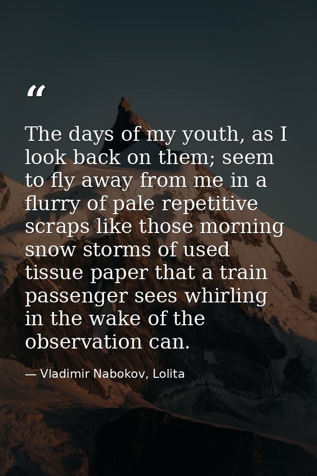 The days of my youth, as I look back on them; seem to fly away from me in a flurry of pale repetitive scraps like those  — Vladimir Nabokov, Lolita