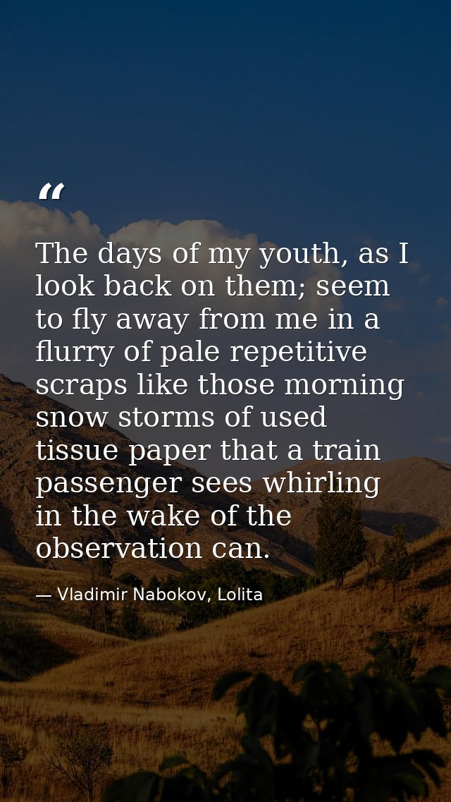 The days of my youth, as I look back on them; seem to fly away from me in a flurry of pale repetitive scraps like those  — Vladimir Nabokov, Lolita