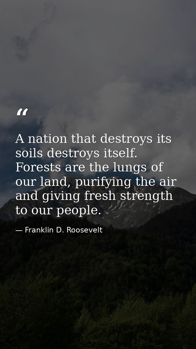 A nation that destroys its soils destroys itself. Forests are the lungs of our land, purifying the air and giving fresh  — Franklin D. Roosevelt