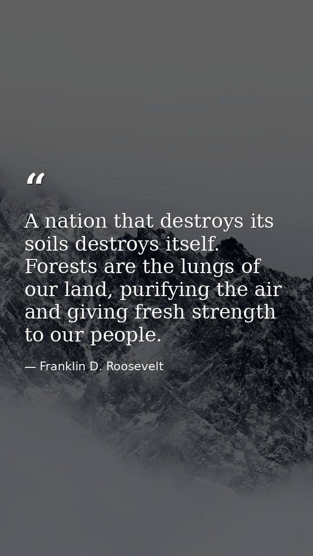 A nation that destroys its soils destroys itself. Forests are the lungs of our land, purifying the air and giving fresh  — Franklin D. Roosevelt