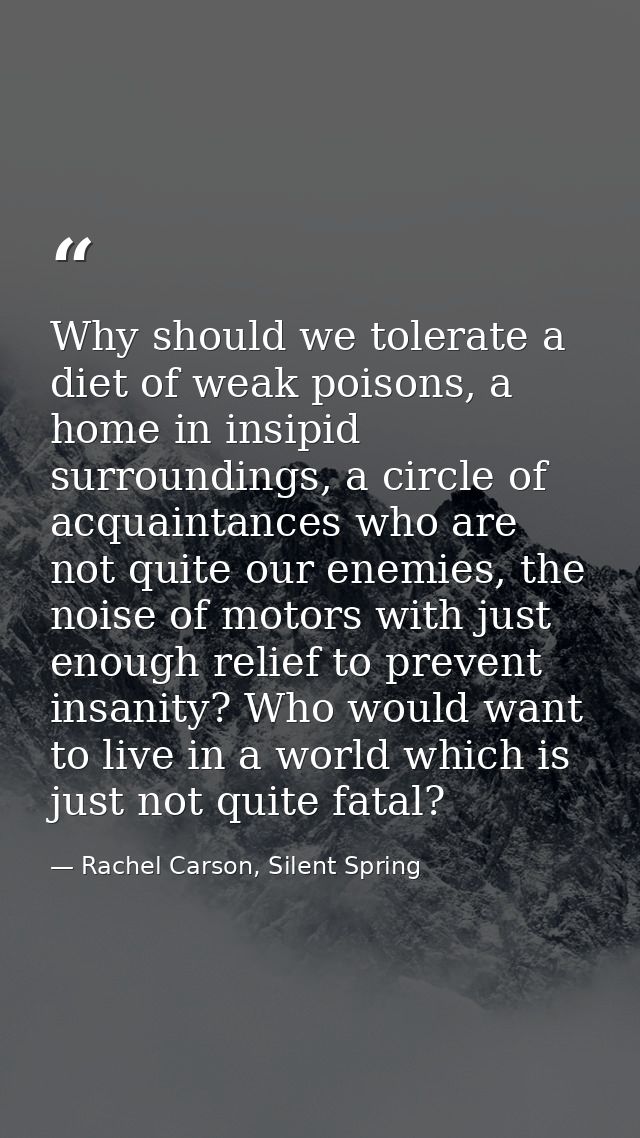 Why should we tolerate a diet of weak poisons, a home in insipid surroundings, a circle of acquaintances who are not qui — Rachel Carson, Silent Spring