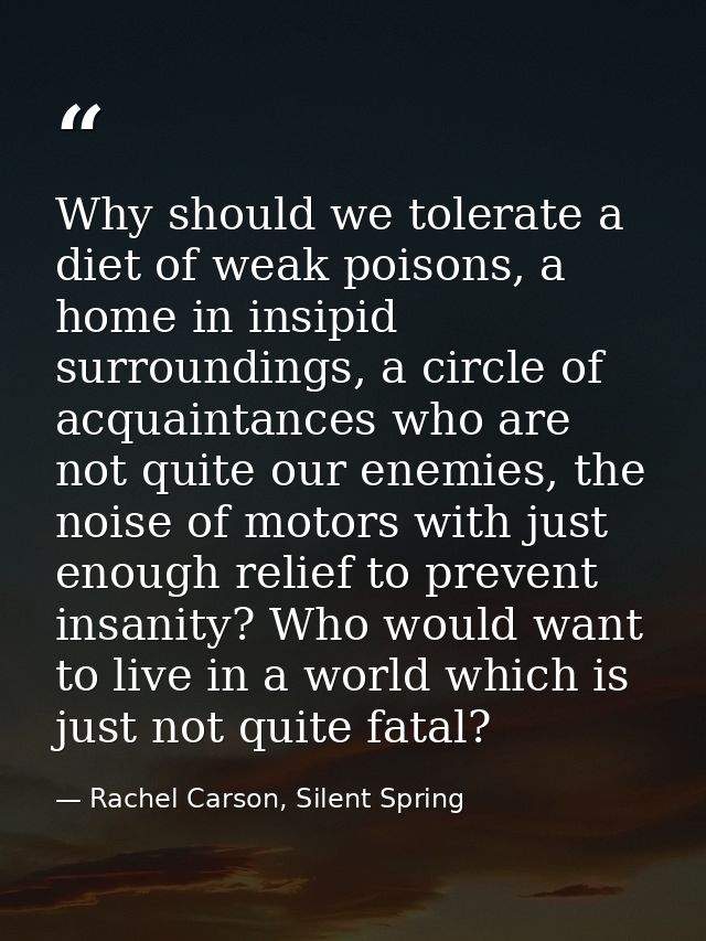 Why should we tolerate a diet of weak poisons, a home in insipid surroundings, a circle of acquaintances who are not qui — Rachel Carson, Silent Spring