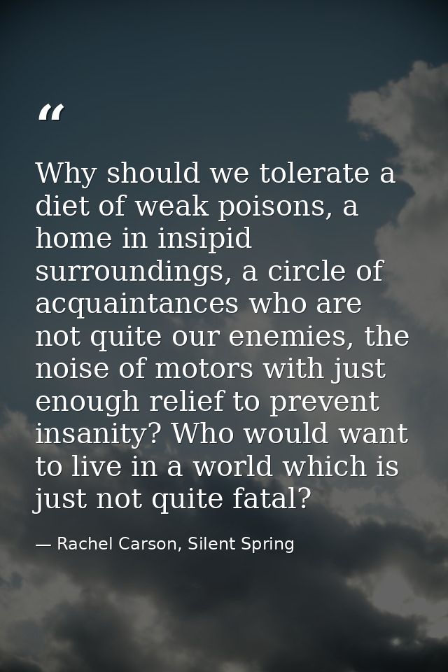 Why should we tolerate a diet of weak poisons, a home in insipid surroundings, a circle of acquaintances who are not qui — Rachel Carson, Silent Spring
