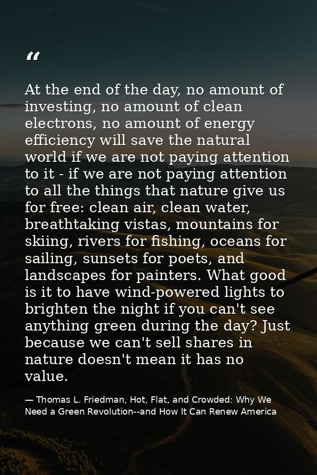 At the end of the day, no amount of investing, no amount of clean electrons, no amount of energy efficiency will save th — Thomas L. Friedman, Hot, Flat, and Crowded: Why We Need a Green Revolution--and How It Can Renew America