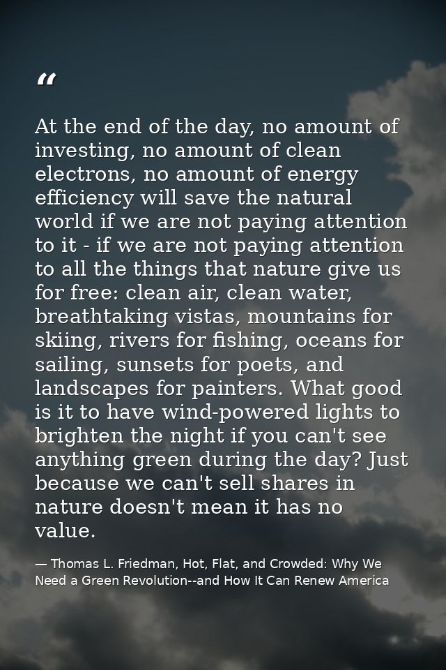 At the end of the day, no amount of investing, no amount of clean electrons, no amount of energy efficiency will save th — Thomas L. Friedman, Hot, Flat, and Crowded: Why We Need a Green Revolution--and How It Can Renew America