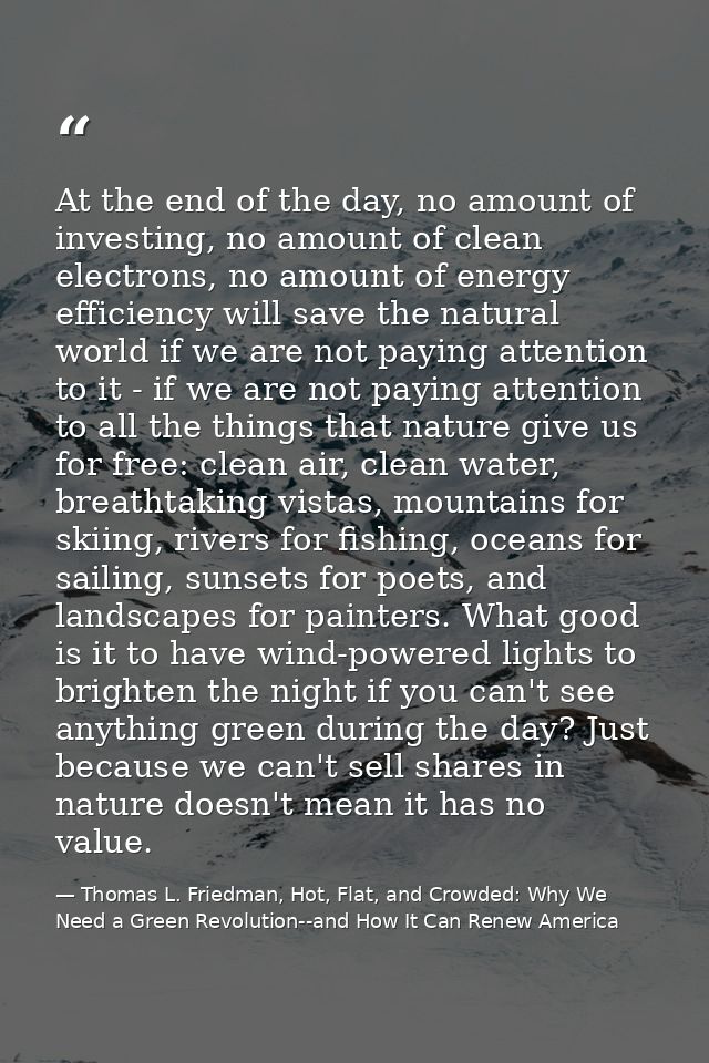 At the end of the day, no amount of investing, no amount of clean electrons, no amount of energy efficiency will save th — Thomas L. Friedman, Hot, Flat, and Crowded: Why We Need a Green Revolution--and How It Can Renew America
