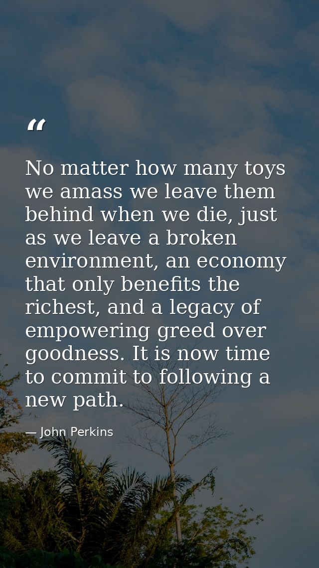 No matter how many toys we amass we leave them behind when we die, just as we leave a broken environment, an economy tha — John Perkins