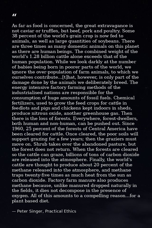As far as food is concerned, the great extravagance is not caviar or truffles, but beef, pork and poultry. Some 38 perce — Peter Singer, Practical Ethics