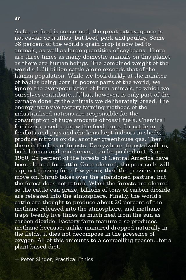 As far as food is concerned, the great extravagance is not caviar or truffles, but beef, pork and poultry. Some 38 perce — Peter Singer, Practical Ethics