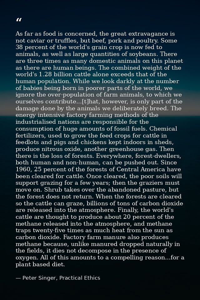 As far as food is concerned, the great extravagance is not caviar or truffles, but beef, pork and poultry. Some 38 perce — Peter Singer, Practical Ethics