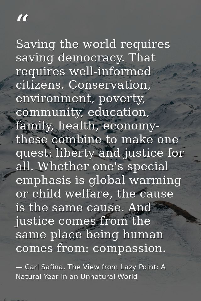 Saving the world requires saving democracy. That requires well-informed citizens. Conservation, environment, poverty, co — Carl Safina, The View from Lazy Point: A Natural Year in an Unnatural World