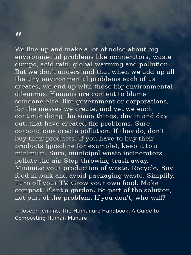 We line up and make a lot of noise about big environmental problems like incinerators, waste dumps, acid rain, global wa — Joseph Jenkins, The Humanure Handbook: A Guide to Composting Human Manure