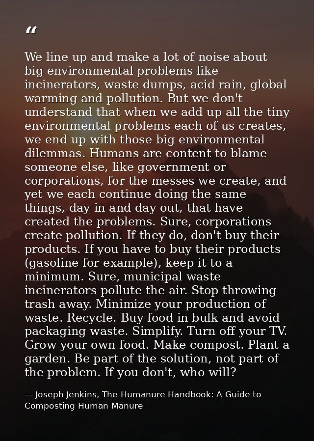 We line up and make a lot of noise about big environmental problems like incinerators, waste dumps, acid rain, global wa — Joseph Jenkins, The Humanure Handbook: A Guide to Composting Human Manure