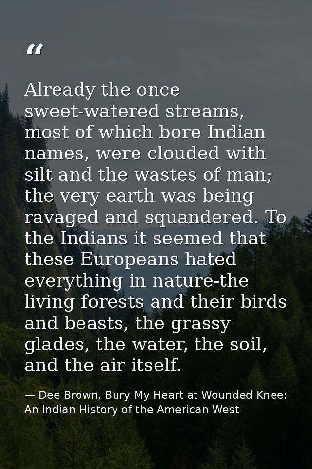 Already the once sweet-watered streams, most of which bore Indian names, were clouded with silt and the wastes of man; t — Dee Brown, Bury My Heart at Wounded Knee: An Indian History of the American West
