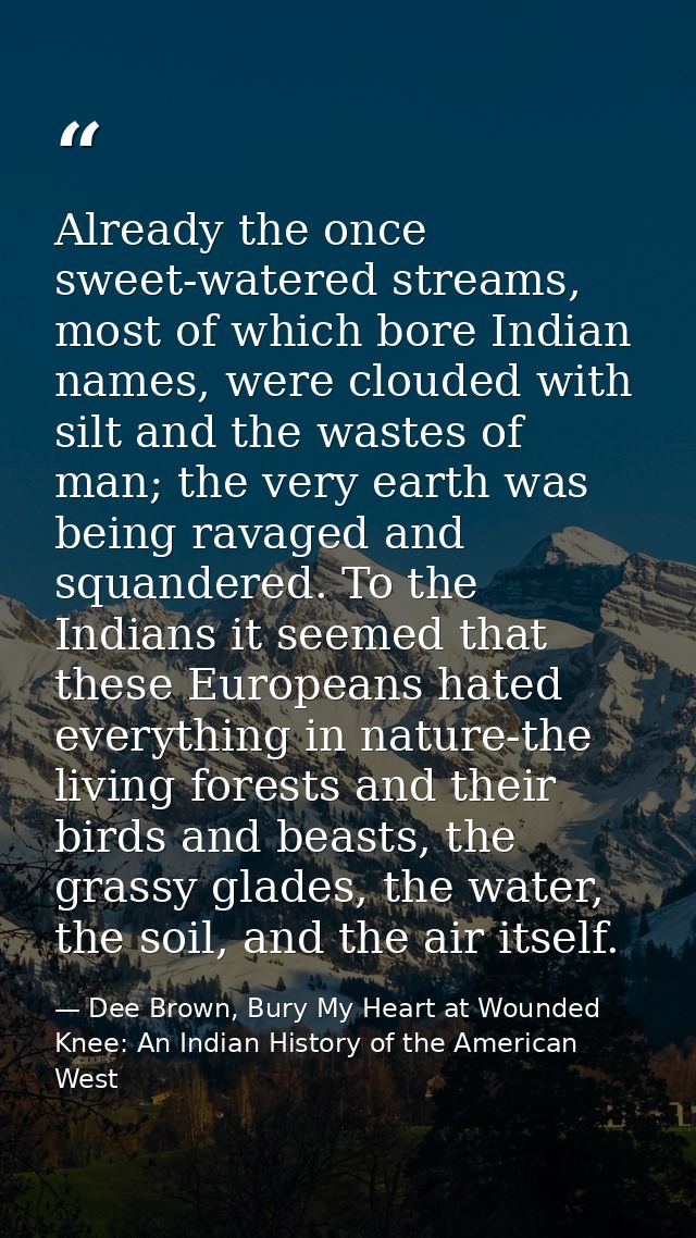 Already the once sweet-watered streams, most of which bore Indian names, were clouded with silt and the wastes of man; t — Dee Brown, Bury My Heart at Wounded Knee: An Indian History of the American West