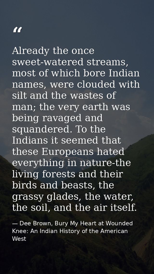 Already the once sweet-watered streams, most of which bore Indian names, were clouded with silt and the wastes of man; t — Dee Brown, Bury My Heart at Wounded Knee: An Indian History of the American West