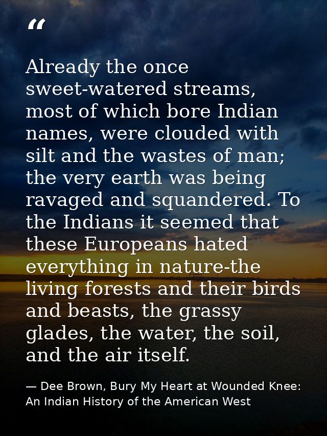 Already the once sweet-watered streams, most of which bore Indian names, were clouded with silt and the wastes of man; t — Dee Brown, Bury My Heart at Wounded Knee: An Indian History of the American West