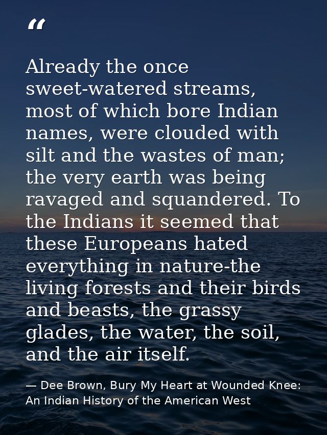 Already the once sweet-watered streams, most of which bore Indian names, were clouded with silt and the wastes of man; t — Dee Brown, Bury My Heart at Wounded Knee: An Indian History of the American West