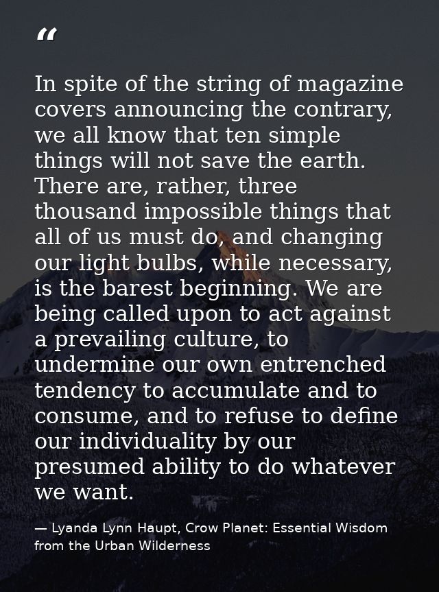 In spite of the string of magazine covers announcing the contrary, we all know that ten simple things will not save the  — Lyanda Lynn Haupt, Crow Planet: Essential Wisdom from the Urban Wilderness