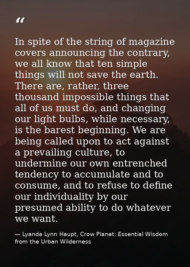 In spite of the string of magazine covers announcing the contrary, we all know that ten simple things will not save the  — Lyanda Lynn Haupt, Crow Planet: Essential Wisdom from the Urban Wilderness