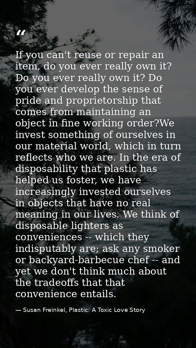If you can't reuse or repair an item, do you ever really own it? Do you ever really own it? Do you ever develop the sens — Susan Freinkel, Plastic: A Toxic Love Story