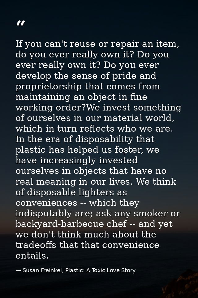 If you can't reuse or repair an item, do you ever really own it? Do you ever really own it? Do you ever develop the sens — Susan Freinkel, Plastic: A Toxic Love Story