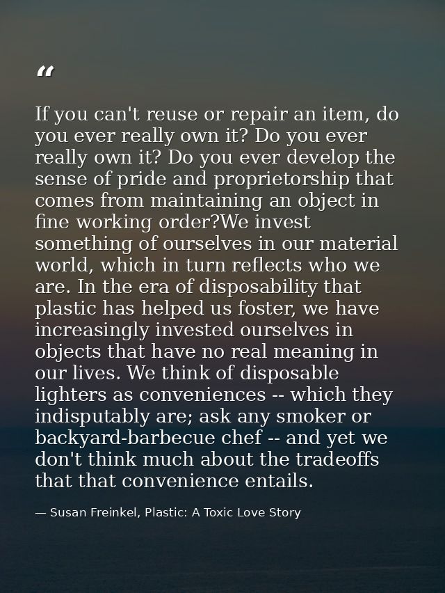 If you can't reuse or repair an item, do you ever really own it? Do you ever really own it? Do you ever develop the sens — Susan Freinkel, Plastic: A Toxic Love Story
