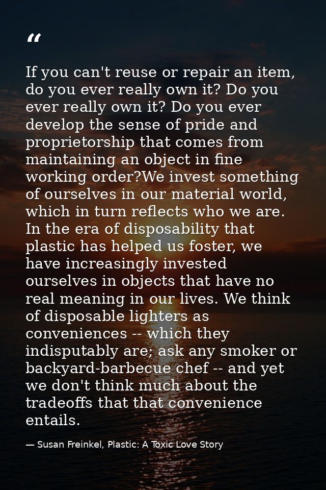 If you can't reuse or repair an item, do you ever really own it? Do you ever really own it? Do you ever develop the sens — Susan Freinkel, Plastic: A Toxic Love Story