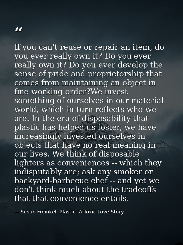 If you can't reuse or repair an item, do you ever really own it? Do you ever really own it? Do you ever develop the sens — Susan Freinkel, Plastic: A Toxic Love Story