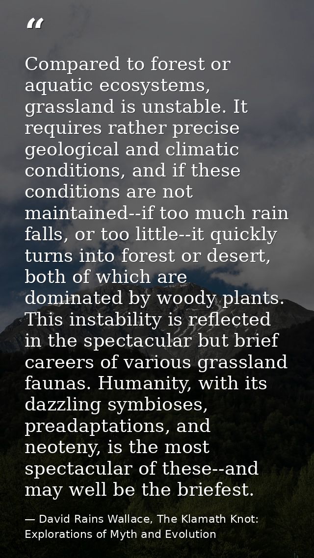 Compared to forest or aquatic ecosystems, grassland is unstable. It requires rather precise geological and climatic cond — David Rains Wallace, The Klamath Knot: Explorations of Myth and Evolution