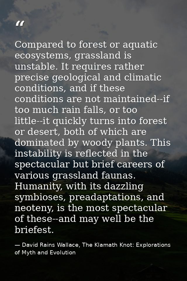 Compared to forest or aquatic ecosystems, grassland is unstable. It requires rather precise geological and climatic cond — David Rains Wallace, The Klamath Knot: Explorations of Myth and Evolution