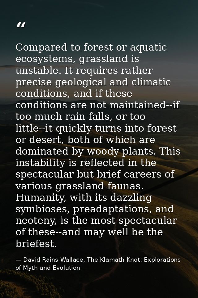 Compared to forest or aquatic ecosystems, grassland is unstable. It requires rather precise geological and climatic cond — David Rains Wallace, The Klamath Knot: Explorations of Myth and Evolution